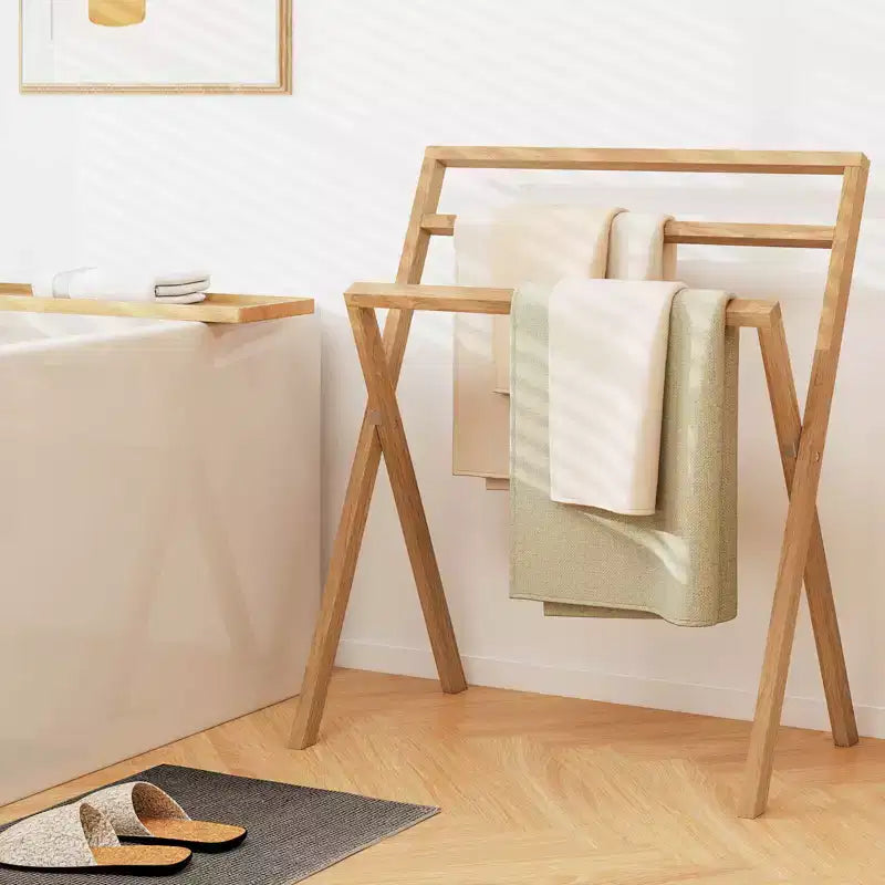 Porte-serviettes autoportant pliable en bois de teck avec 3 barres transversales de suspension