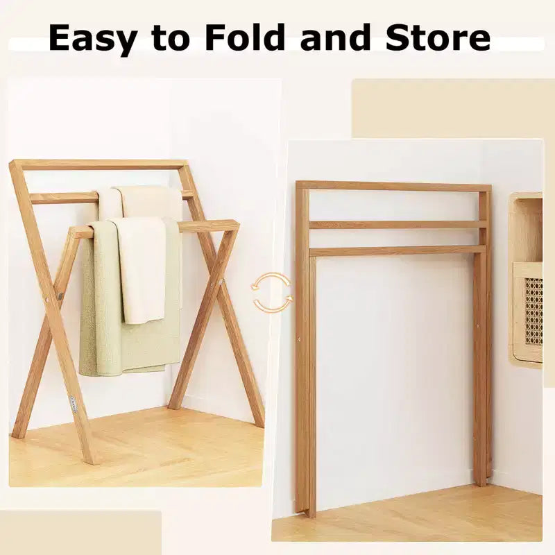 Porte-serviettes autoportant pliable en bois de teck avec 3 barres transversales de suspension