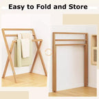 Porte-serviettes autoportant pliable en bois de teck avec 3 barres transversales de suspension