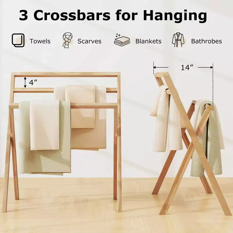 Porte-serviettes autoportant pliable en bois de teck avec 3 barres transversales de suspension