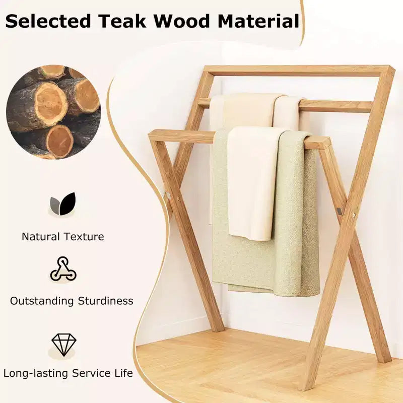 Porte-serviettes autoportant pliable en bois de teck avec 3 barres transversales de suspension