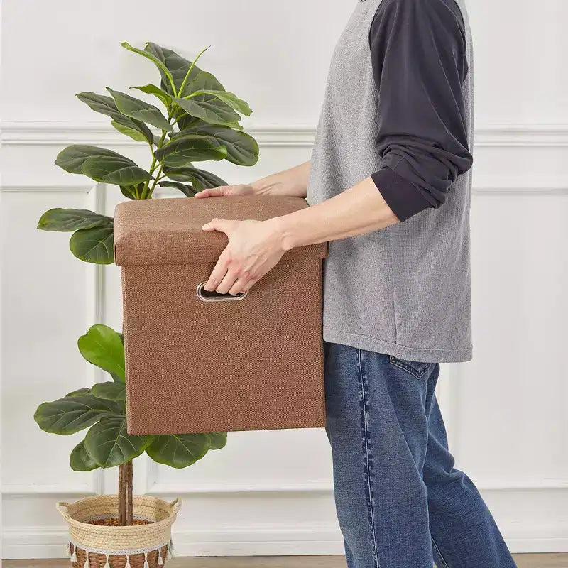 Banc coffre de rangement pliable, bout de lit en tissu de lin, repose-pieds avec siège rembourré, grand pouf pour chambre ou salon