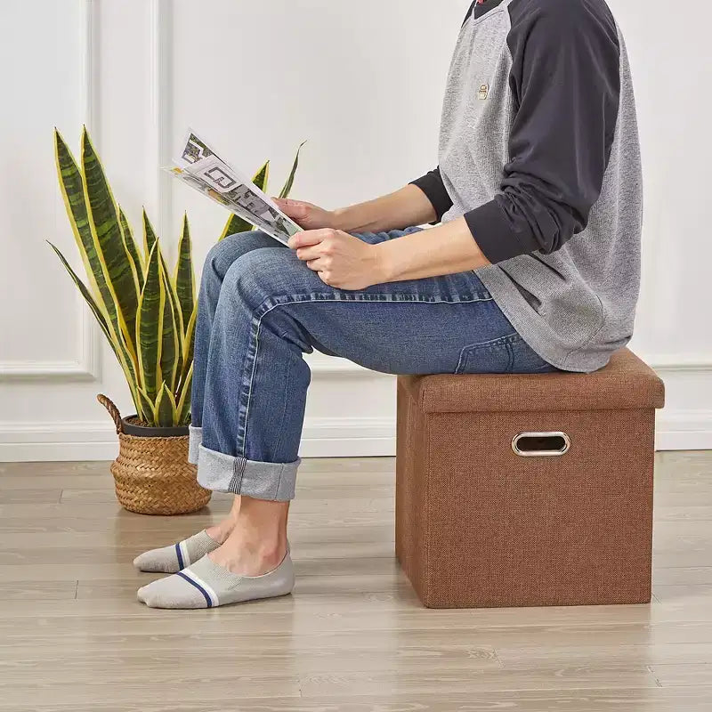 Banc coffre de rangement pliable, bout de lit en tissu de lin, repose-pieds avec siège rembourré, grand pouf pour chambre ou salon