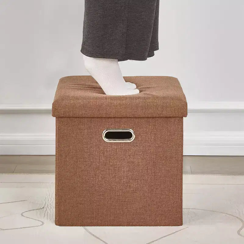 Banc coffre de rangement pliable, bout de lit en tissu de lin, repose-pieds avec siège rembourré, grand pouf pour chambre ou salon