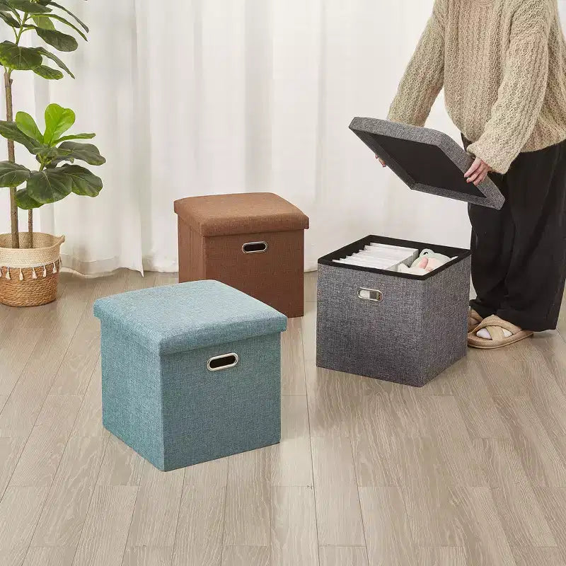 Banc coffre de rangement pliable, bout de lit en tissu de lin, repose-pieds avec siège rembourré, grand pouf pour chambre ou salon
