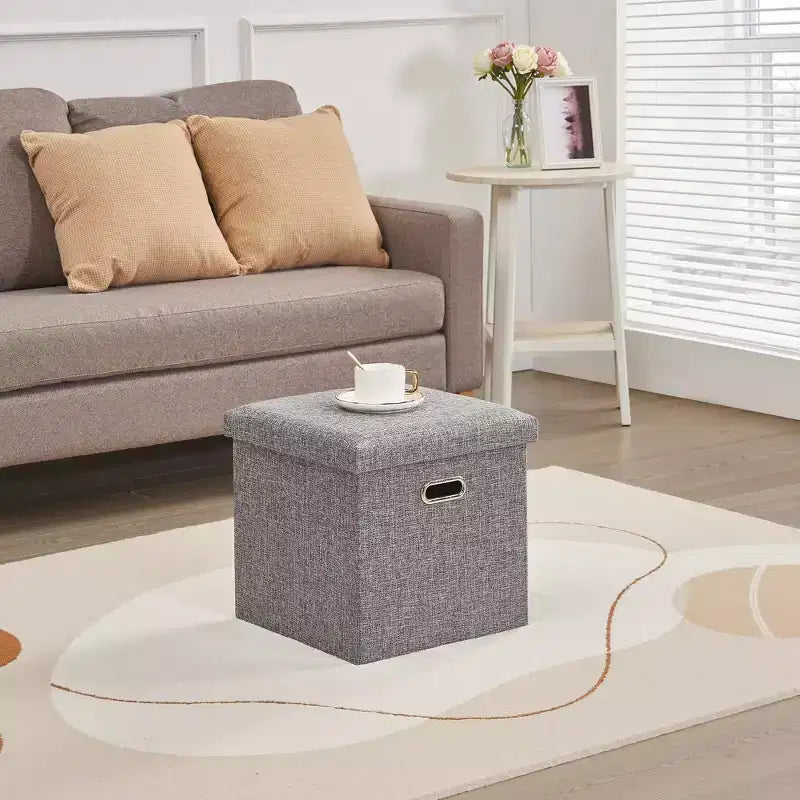 Banc coffre de rangement pliable, bout de lit en tissu de lin, repose-pieds avec siège rembourré, grand pouf pour chambre ou salon