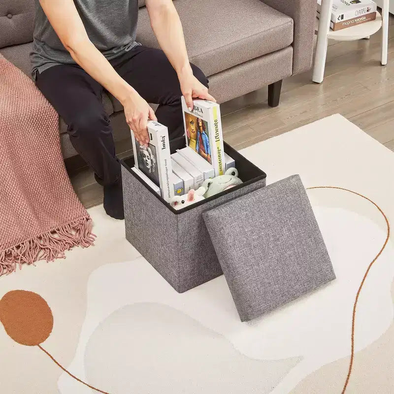 Banc coffre de rangement pliable, bout de lit en tissu de lin, repose-pieds avec siège rembourré, grand pouf pour chambre ou salon