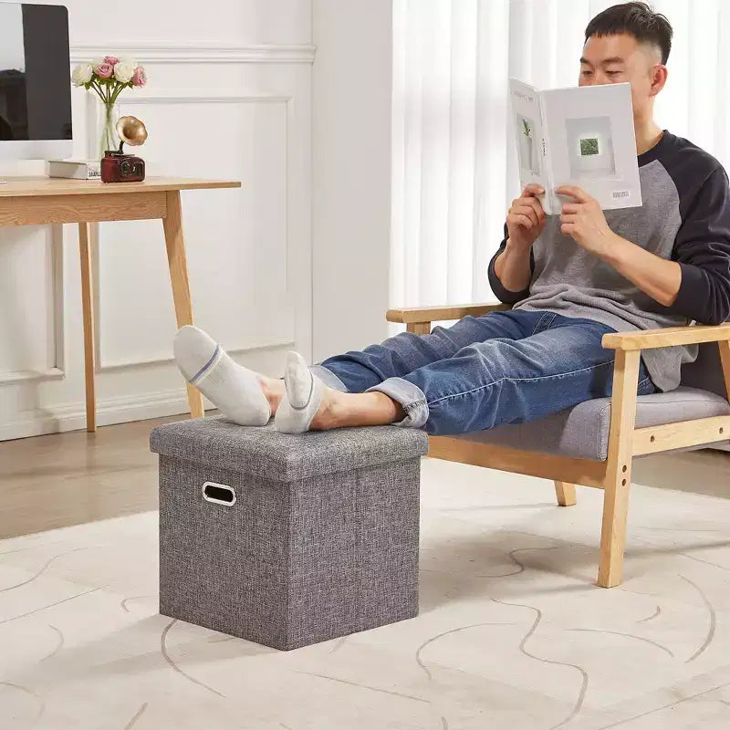 Banc coffre de rangement pliable, bout de lit en tissu de lin, repose-pieds avec siège rembourré, grand pouf pour chambre ou salon
