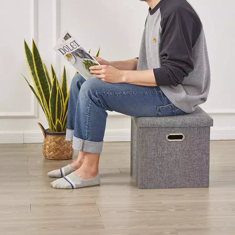 Banc coffre de rangement pliable, bout de lit en tissu de lin, repose-pieds avec siège rembourré, grand pouf pour chambre ou salon