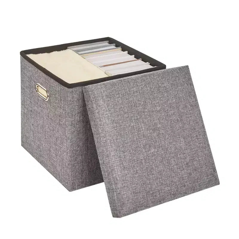 Banc coffre de rangement pliable, bout de lit en tissu de lin, repose-pieds avec siège rembourré, grand pouf pour chambre ou salon