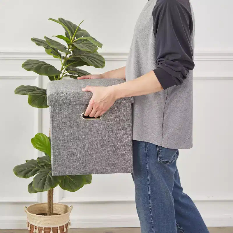 Banc coffre de rangement pliable, bout de lit en tissu de lin, repose-pieds avec siège rembourré, grand pouf pour chambre ou salon