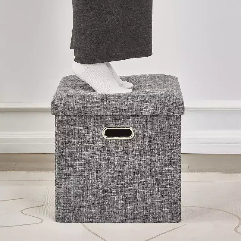 Banc coffre de rangement pliable, bout de lit en tissu de lin, repose-pieds avec siège rembourré, grand pouf pour chambre ou salon