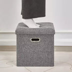 Banc coffre de rangement pliable, bout de lit en tissu de lin, repose-pieds avec siège rembourré, grand pouf pour chambre ou salon