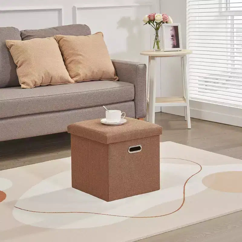 Banc coffre de rangement pliable, bout de lit en tissu de lin, repose-pieds avec siège rembourré, grand pouf pour chambre ou salon