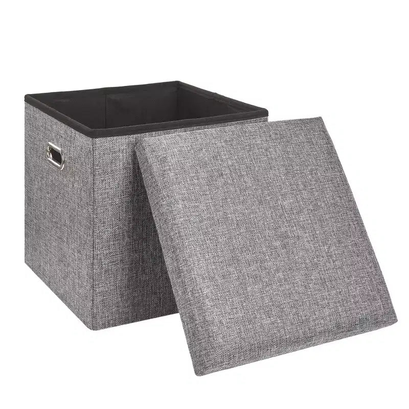 Banc coffre de rangement pliable, bout de lit en tissu de lin, repose-pieds avec siège rembourré, grand pouf pour chambre ou salon