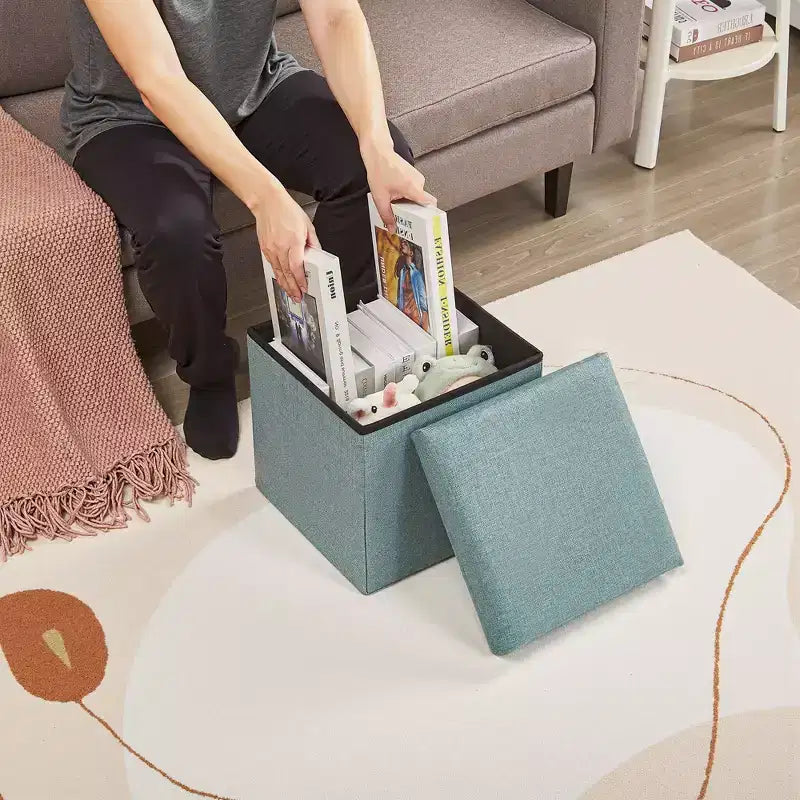 Banc coffre de rangement pliable, bout de lit en tissu de lin, repose-pieds avec siège rembourré, grand pouf pour chambre ou salon
