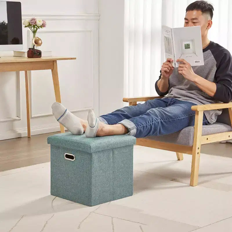 Banc coffre de rangement pliable, bout de lit en tissu de lin, repose-pieds avec siège rembourré, grand pouf pour chambre ou salon
