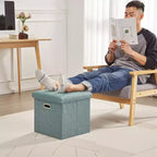 Banc coffre de rangement pliable, bout de lit en tissu de lin, repose-pieds avec siège rembourré, grand pouf pour chambre ou salon