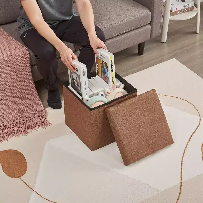 Banc coffre de rangement pliable, bout de lit en tissu de lin, repose-pieds avec siège rembourré, grand pouf pour chambre ou salon