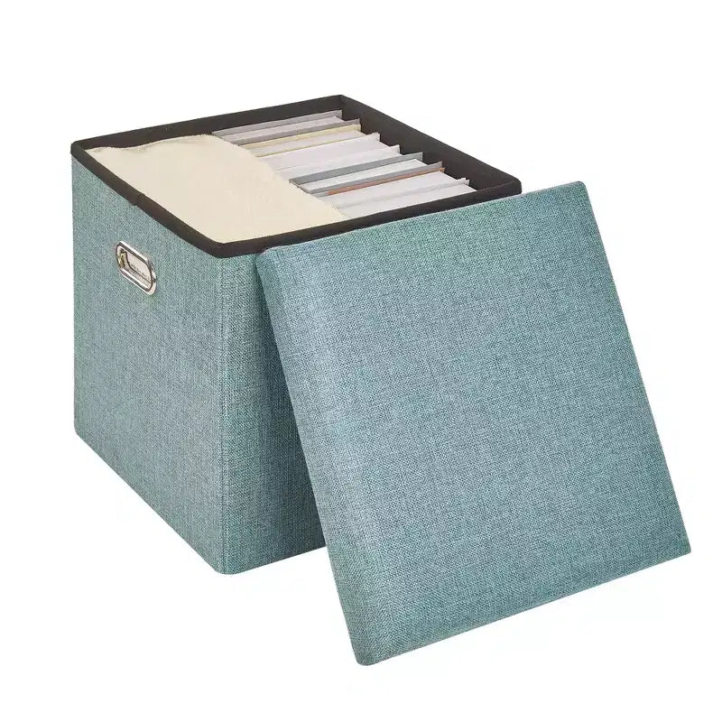 Banc coffre de rangement pliable, bout de lit en tissu de lin, repose-pieds avec siège rembourré, grand pouf pour chambre ou salon