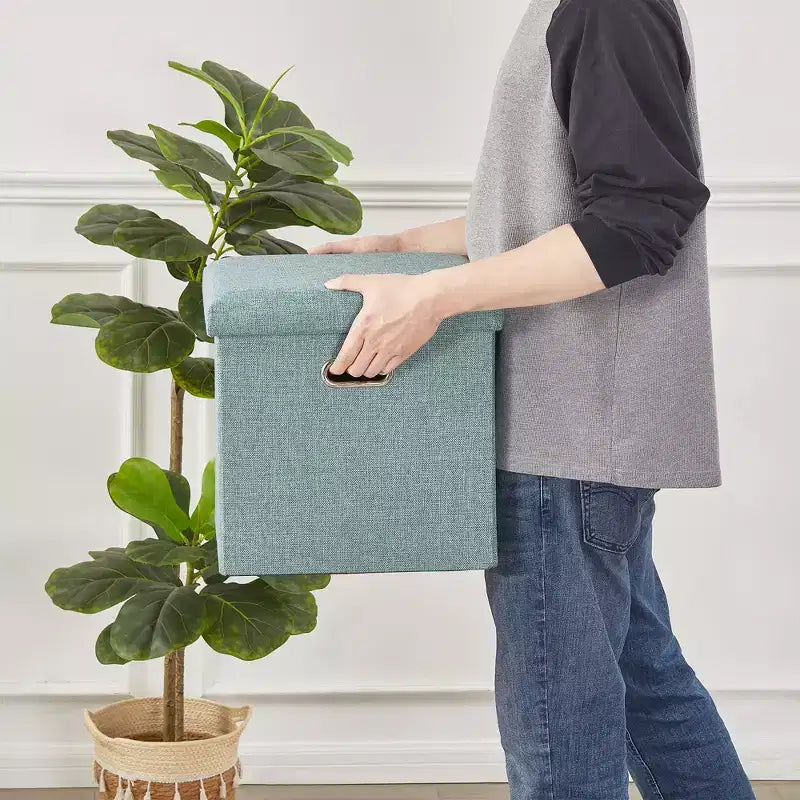 Banc coffre de rangement pliable, bout de lit en tissu de lin, repose-pieds avec siège rembourré, grand pouf pour chambre ou salon