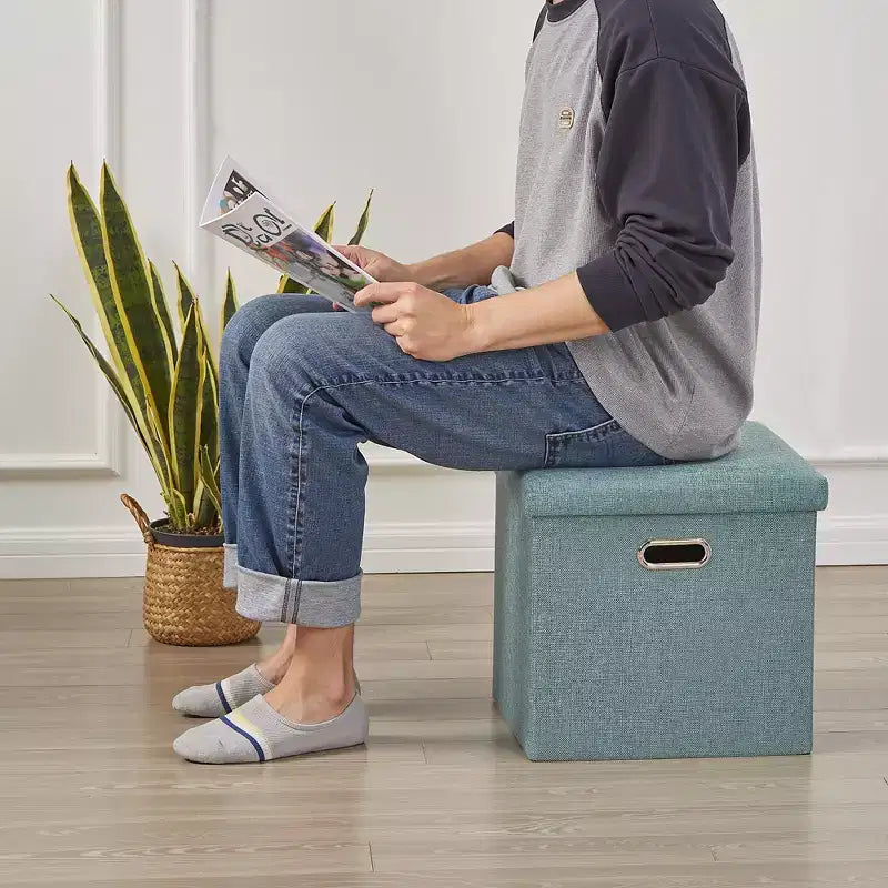 Banc coffre de rangement pliable, bout de lit en tissu de lin, repose-pieds avec siège rembourré, grand pouf pour chambre ou salon
