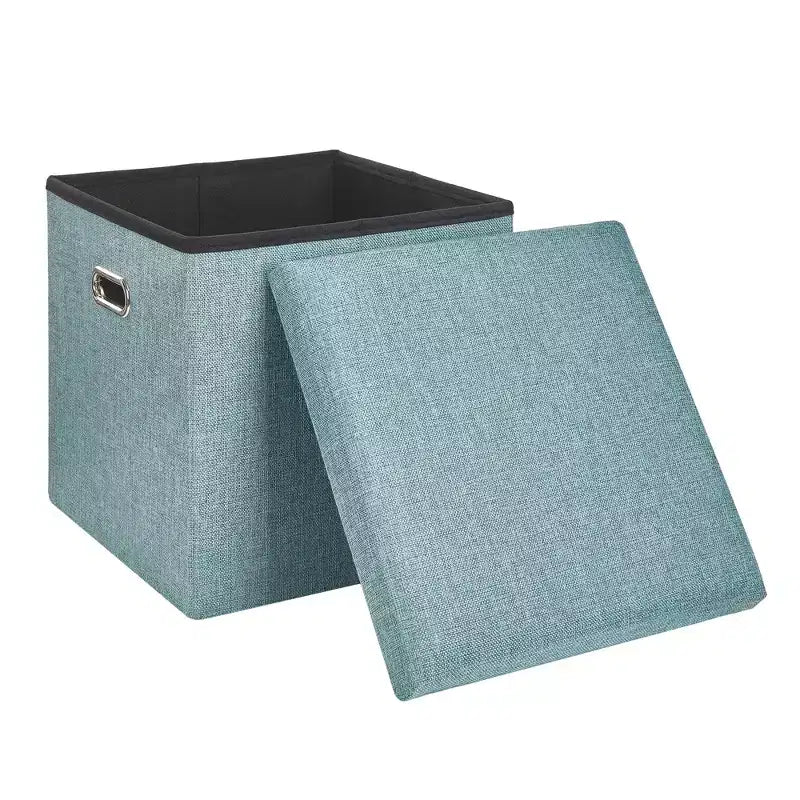 Banc coffre de rangement pliable, bout de lit en tissu de lin, repose-pieds avec siège rembourré, grand pouf pour chambre ou salon