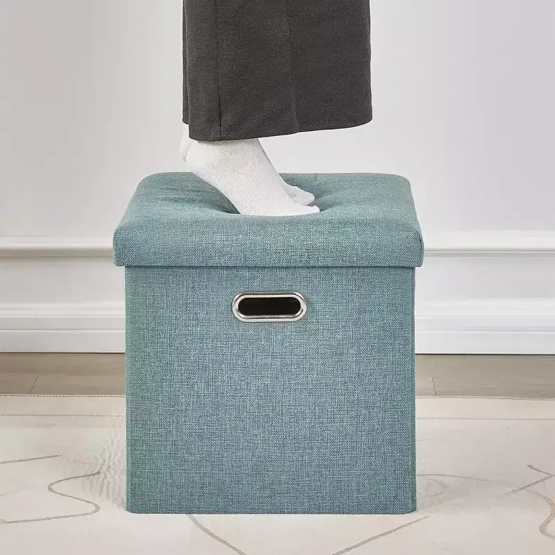 Banc coffre de rangement pliable, bout de lit en tissu de lin, repose-pieds avec siège rembourré, grand pouf pour chambre ou salon