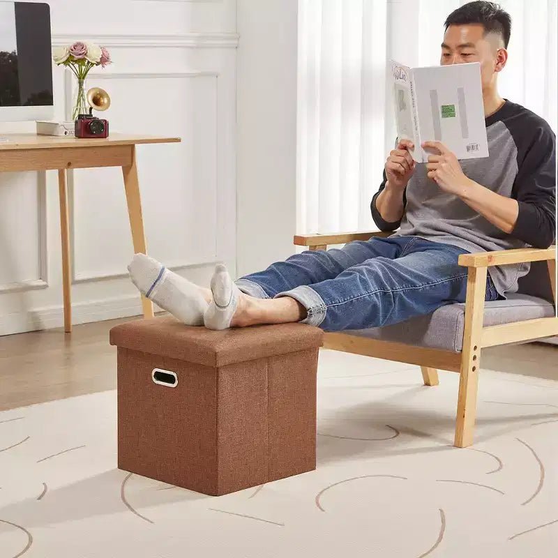 Banc coffre de rangement pliable, bout de lit en tissu de lin, repose-pieds avec siège rembourré, grand pouf pour chambre ou salon