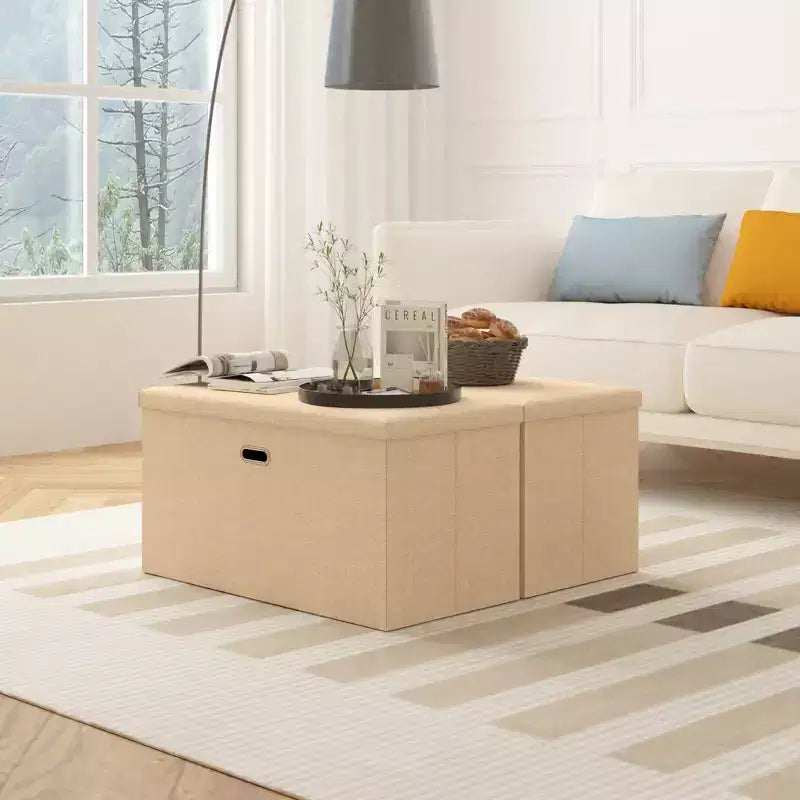 Banc coffre de rangement pliable, bout de lit en tissu de lin, repose-pieds avec siège rembourré, grand pouf pour chambre ou salon