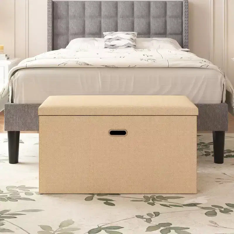 Banc coffre de rangement pliable, bout de lit en tissu de lin, repose-pieds avec siège rembourré, grand pouf pour chambre ou salon