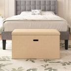 Banc coffre de rangement pliable, bout de lit en tissu de lin, repose-pieds avec siège rembourré, grand pouf pour chambre ou salon