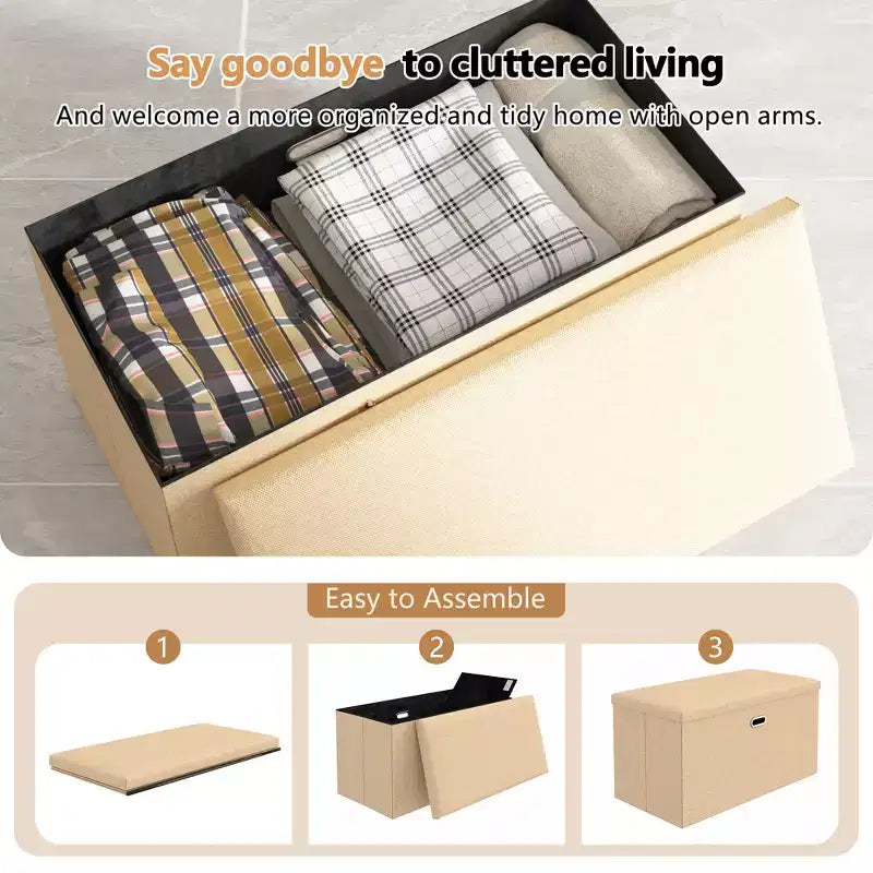 Banc coffre de rangement pliable, bout de lit en tissu de lin, repose-pieds avec siège rembourré, grand pouf pour chambre ou salon