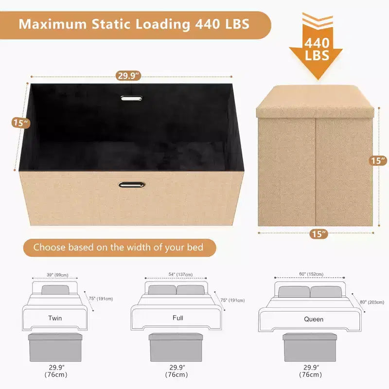 Banc coffre de rangement pliable, bout de lit en tissu de lin, repose-pieds avec siège rembourré, grand pouf pour chambre ou salon