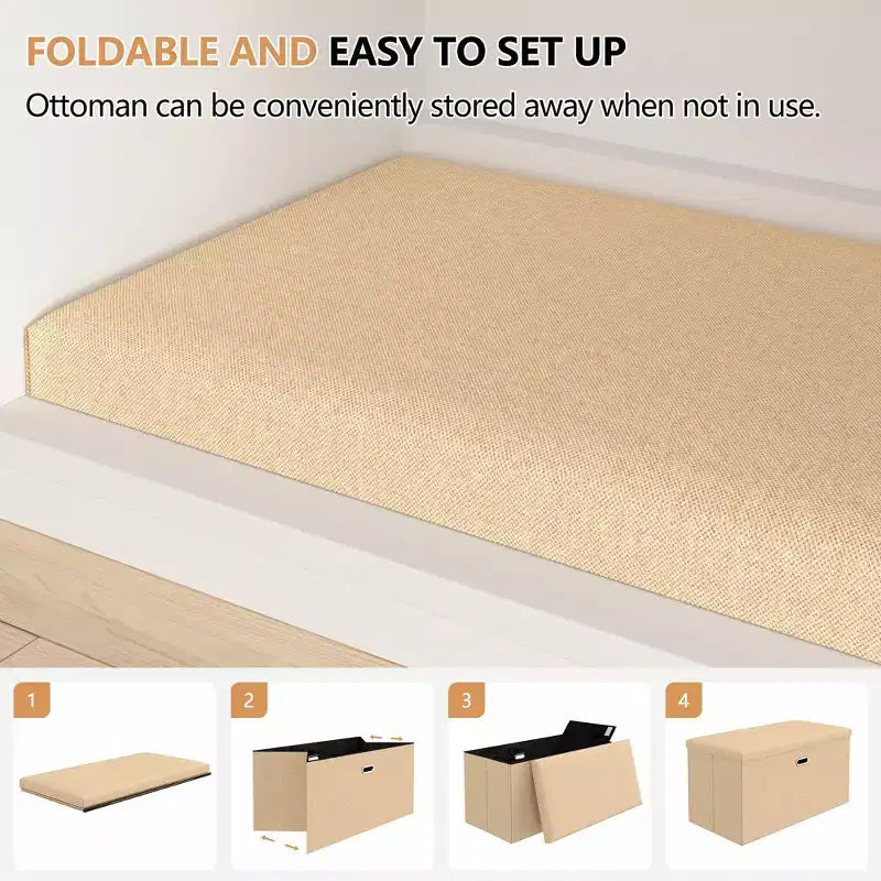 Banc coffre de rangement pliable, bout de lit en tissu de lin, repose-pieds avec siège rembourré, grand pouf pour chambre ou salon