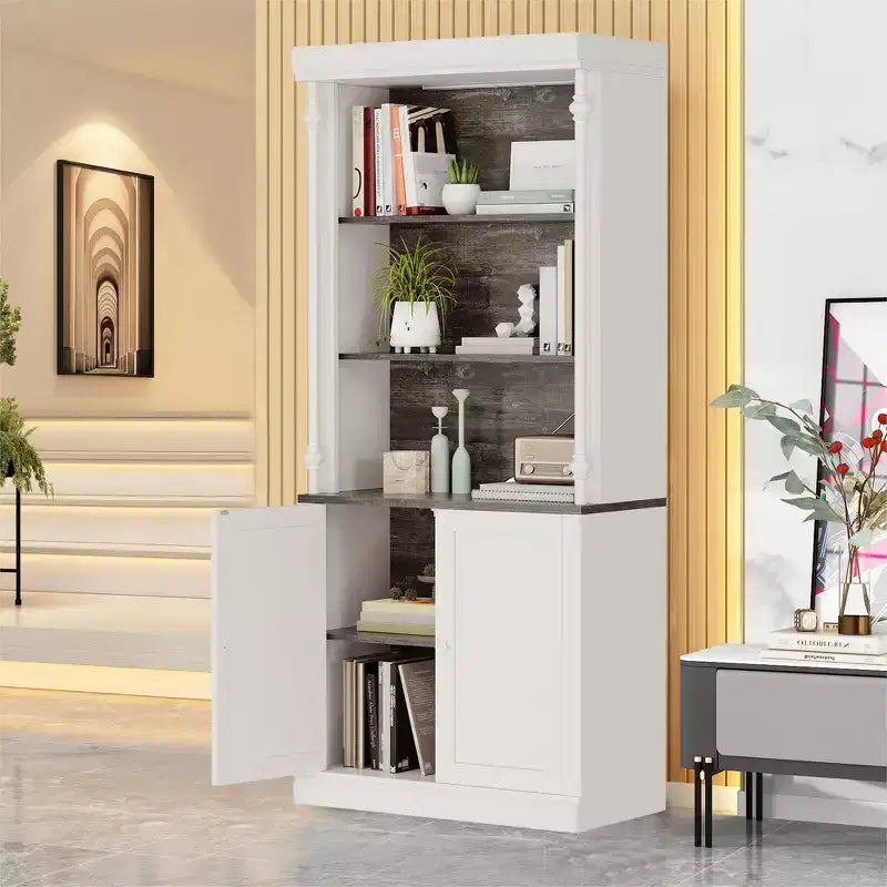 Bibliothèque à Double Porte en MDF, Colonnes Romaines en Fer - Meuble de Rangement Tricolore Blanc Gris Foncé, Décoration Vintage pour la Maison