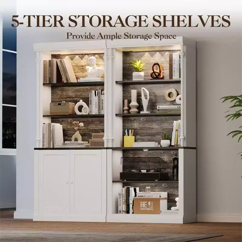 Bibliothèque à Double Porte en MDF, Colonnes Romaines en Fer - Meuble de Rangement Tricolore Blanc Gris Foncé, Décoration Vintage pour la Maison