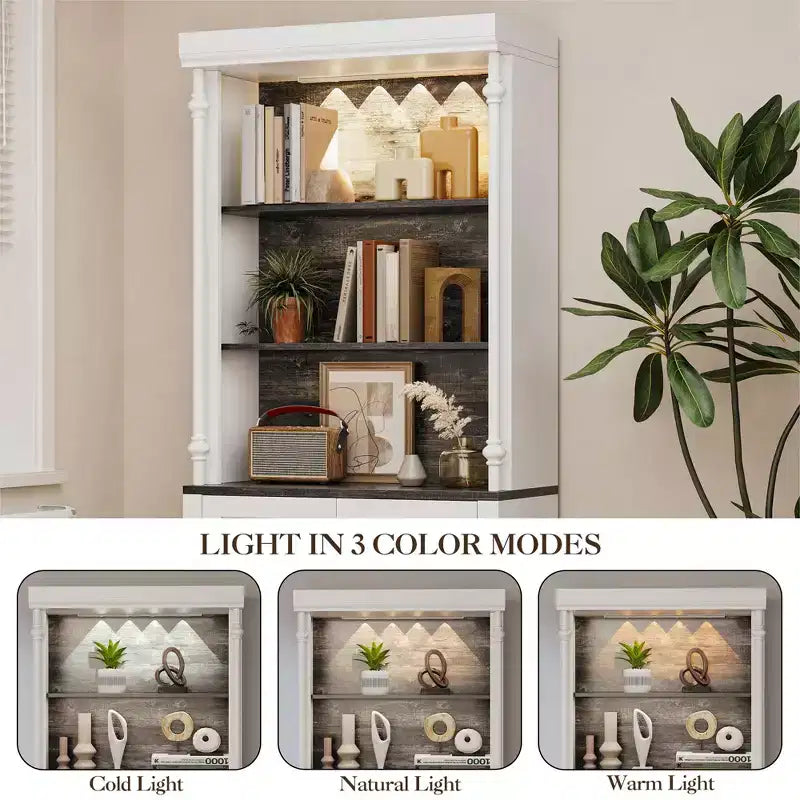 Bibliothèque à Double Porte en MDF, Colonnes Romaines en Fer - Meuble de Rangement Tricolore Blanc Gris Foncé, Décoration Vintage pour la Maison