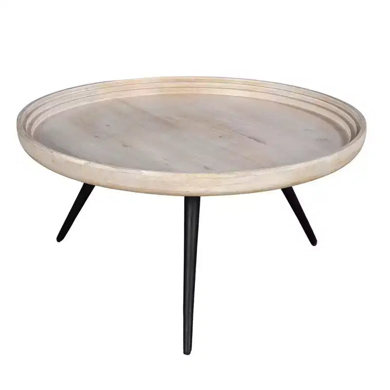 Table basse ronde avec plateau, bois de manguier blanchi fait main, 76 cm