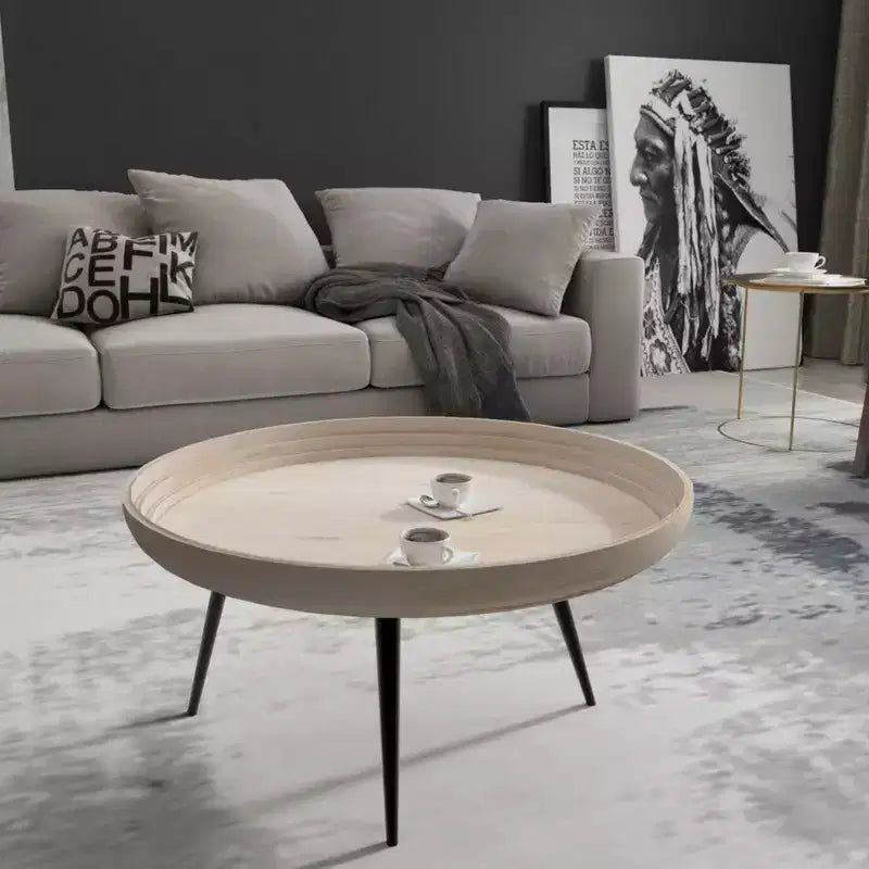 Table basse ronde avec plateau, bois de manguier blanchi fait main, 76 cm