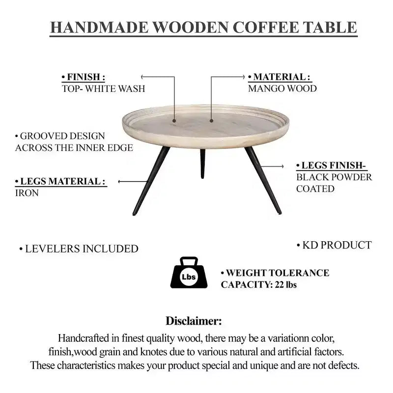 Table basse ronde avec plateau, bois de manguier blanchi fait main, 76 cm