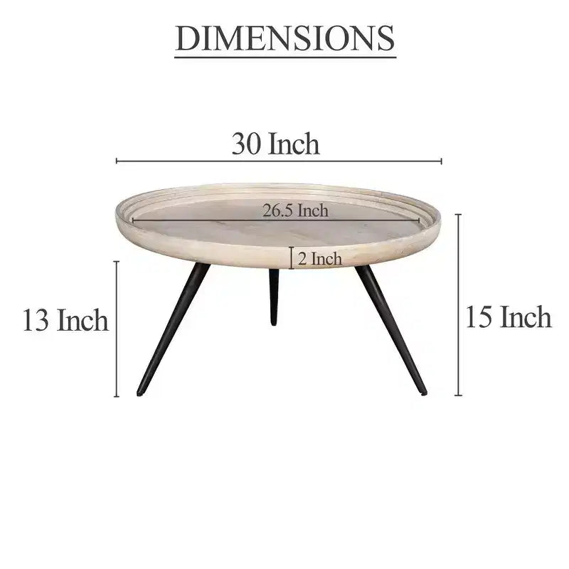 Table basse ronde avec plateau, bois de manguier blanchi fait main, 76 cm