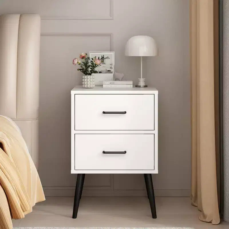 Table de chevet à 2 tiroirs avec pieds et poignées en métal, table de chevet moderne blanche, petite table d'appoint pour chambre, salon ou appartement
