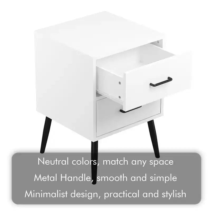 Table de chevet à 2 tiroirs avec pieds et poignées en métal, table de chevet moderne blanche, petite table d'appoint pour chambre, salon ou appartement