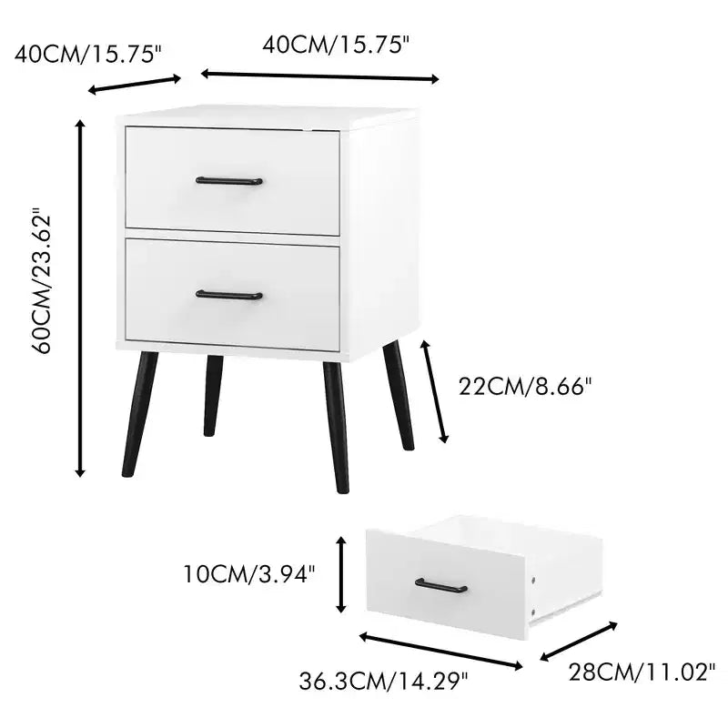 Table de chevet à 2 tiroirs avec pieds et poignées en métal, table de chevet moderne blanche, petite table d'appoint pour chambre, salon ou appartement
