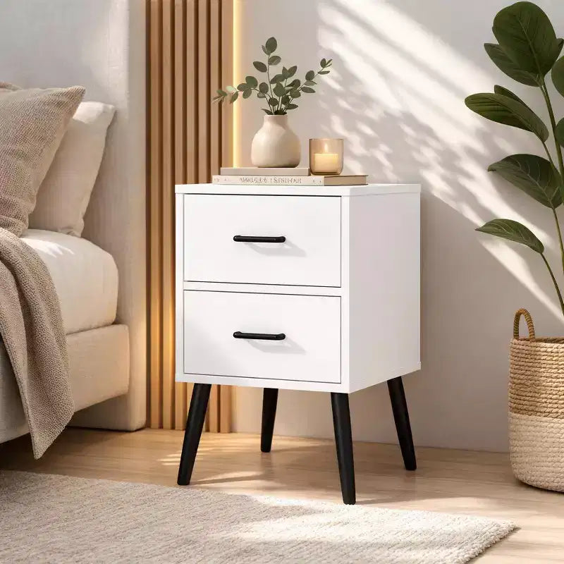 Table de chevet à 2 tiroirs avec pieds et poignées en métal, table de chevet moderne blanche, petite table d'appoint pour chambre, salon ou appartement