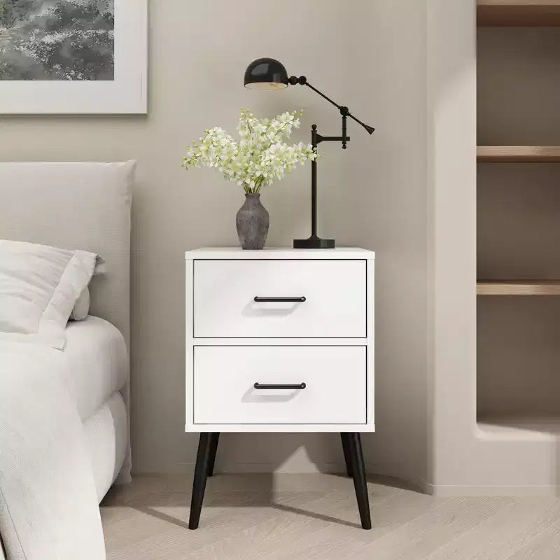 Table de chevet à 2 tiroirs avec pieds et poignées en métal, table de chevet moderne blanche, petite table d'appoint pour chambre, salon ou appartement