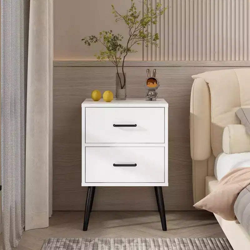 Table de chevet à 2 tiroirs avec pieds et poignées en métal, table de chevet moderne blanche, petite table d'appoint pour chambre, salon ou appartement