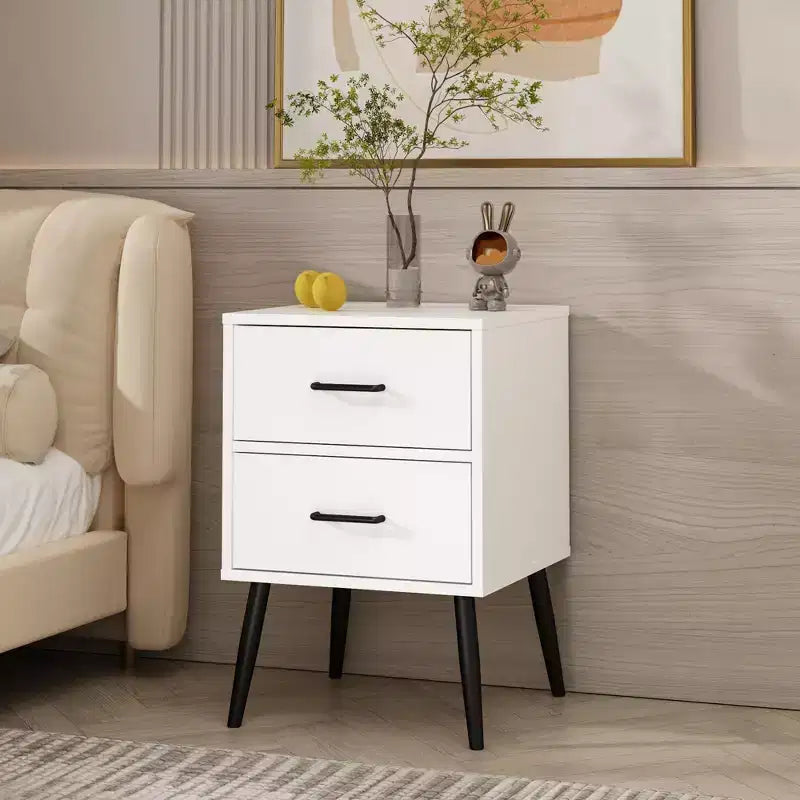 Table de chevet à 2 tiroirs avec pieds et poignées en métal, table de chevet moderne blanche, petite table d'appoint pour chambre, salon ou appartement
