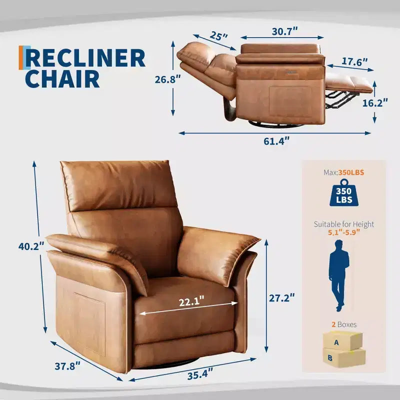 Fauteuil inclinable en cuir PU pour salon - Fauteuil à bascule pivotant à 270°, inclinaison réglable, accoudoirs double couche, canapé individuel grand et confortable